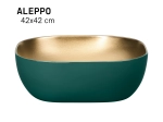Vasque ALEPPO 42 cm en céramique turquoise et or mat. Lavabo carré design à poser, moderne et original. Garantie 10 ans. Livraison gratuite.