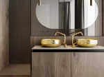 Vasque IKLAINA ronde 39,5 cm en céramique or brillant. Design luxe avec texture décorative. À poser, sans trop-plein. Garantie 10 ans. Livraison gratuite.