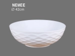 Vasque NEMEE 42 cm ronde en céramique blanc brillant. Design à poser avec texture décorative. Sans trop-plein ni trou robinetterie. Garantie 10 ans.