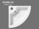 Lave-mains d’angle MYGDALIA 49 cm blanc brillant. Installation murale en coin ou à poser avec trop-plein. Idéal WC et petits espaces. Garantie 10 ans.
