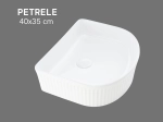 Vasque PETRELE 40 cm blanc brillant. Lavabo compact semi-circulaire design idéal petits espaces. Céramique haut de gamme. Livraison gratuite.