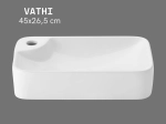 Vasque VATHI compacte 45 cm avec trou de robinetterie. Lavabo à poser en céramique blanc brillant avec revêtement UP-CLEAN. Livraison gratuite.