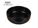 Vasque NIKI ronde 38,5 cm en céramique noir brillant. Design moderne avec parois fines UP-SLIM. À poser, sans trop-plein. Garantie 10 ans.