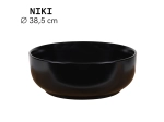 Vasque NIKI ronde 38,5 cm en céramique noir brillant. Design moderne avec parois fines UP-SLIM. À poser, sans trop-plein. Garantie 10 ans.