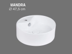 Vasque MANDRA ronde 47 cm en céramique blanc brillant. Avec trou robinetterie et trop-plein. Grande cuve confortable. Livraison gratuite.